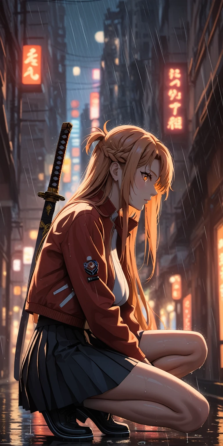 (harayutaka art style:0.7), score_9, score_8_up, score_7_up, score_6_up, score_5_up, score_4_up, uncensored, asuna yuuki, long hair, orange hair, fold, orange eyes, BREAK (masterpiece:1.2), best quality, high resolution, (detailed eyes:1.3), perfect lighting, (perfect hands, perfect anatomy), large breasts, sagging breasts, 1girl, solo, sword, skirt, jacket, pleated skirt, blurry, katana, blurry background, from side, gloves, squatting, outdoors, black gloves, shoes, black footwear, long sleeves, rain, weapon on back, black skirt, profile, depth of field, full body, sheath, between legs, bare legs, bokeh, cyberpunk city, neon light, heavy rain, water drop, wet, looking at viewer,