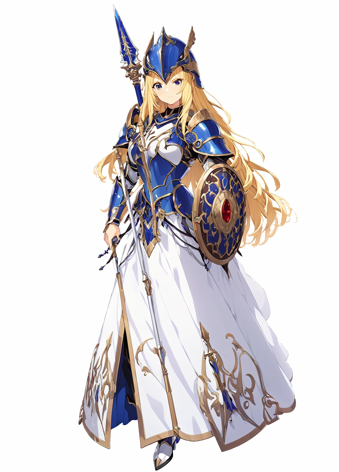 high quality, high resolution, high qualityのゲームアートスタイル, whole body,Valkyrie,perfect hand,Official Art, Smooth game CG art, Visual Novel Sprites, White background,Smooth game CG art, (((Woman with a long spear))),Woman wearing a white dress and blue armor, An intricately designed helmet with white feathers,Small shield, (((In his right hand he holds an elaborate long spear))),Exquisite Blue Armor,Golden Hair, long hair, female knight, Rin々Shii,Large Bust,20-year-old,