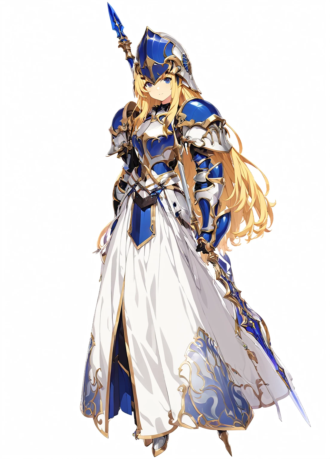 high quality, high resolution, high qualityのゲームアートスタイル, whole body,Valkyrie,perfect hand,Official Art, Smooth game CG art, Visual Novel Sprites, White background,Smooth game CG art, (((Woman with a long spear))),Woman wearing a white dress and blue armor, An intricately designed helmet with white feathers,Small shield, (((In his right hand he holds an elaborate long spear))),Exquisite Blue Armor,Golden Hair, long hair, female knight, Rin々Shii,Large Bust,20-year-old,