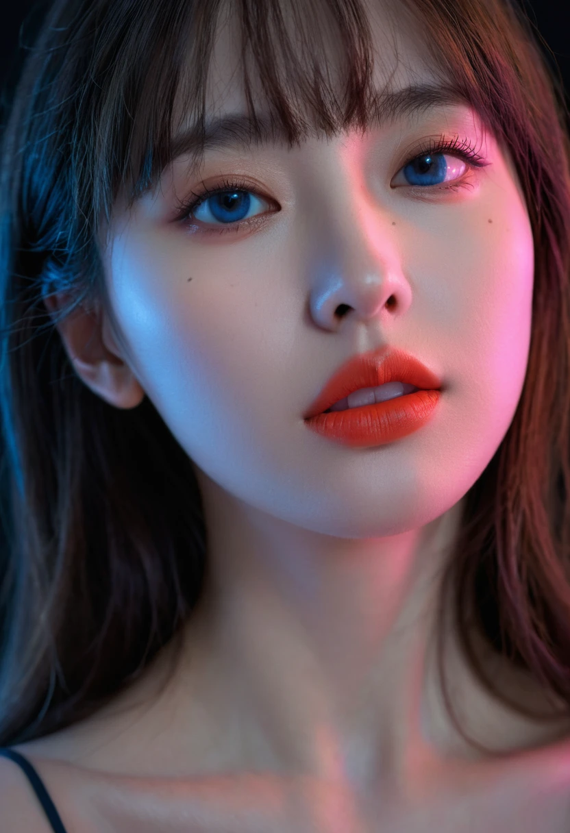 (upper body:1.5),8k, best quality, 1 Girl, (Skin Indentation), night, (dark), Indoor clear background, (people), Beautiful bangs, Gorgeous,, (Clothing and:1.3),Soft lighting, attractive, dark Room, (mouth close:1.2, beautiful eyes, Delicate eyes, Detailed iris, Beautiful lips, Beautiful nose, Pretty Face),(primary color:1.5)，(Ambient Light:1.5)，(Neon light:1.8),(Radioluminescence:1.8),(red and blue light:1.5)