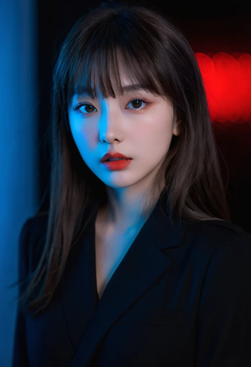 (upper body:1.5),8k, best quality, 1 Girl, (Skin Indentation), night, (dark), Indoor clear background, (people), Beautiful bangs, Gorgeous,, (Clothing and:1.3),Soft lighting, attractive, dark Room, (mouth close:1.2, beautiful eyes, Delicate eyes, Detailed iris, Beautiful lips, Beautiful nose, Pretty Face),(primary color:1.5)，(Ambient Light:1.5)，(Neon light:1.8),(Radioluminescence:1.8),(red and blue light:1.5)