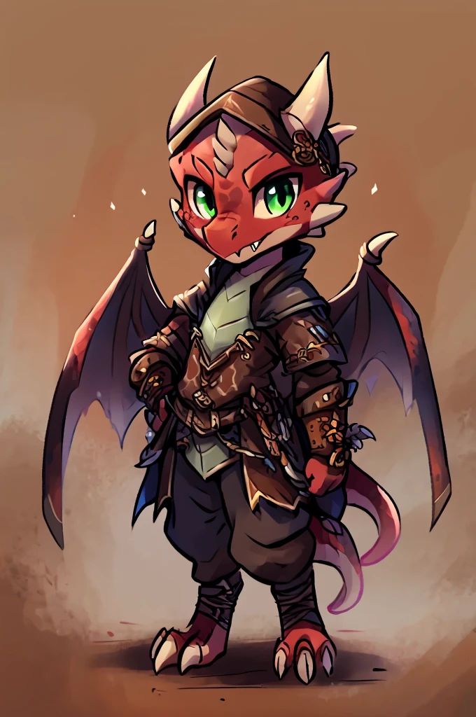 (((kobold,male, solo, winged kobold boy, dark red scales,fantasy clothes, artficer,steampunk, dragon wings, dragon tail, small, chibi))), artficer clothes, warm color clothes, fantay clothes,sea green eyes, artficer,small heigth, 54 centimertes heigth,horns, claws, tail, scales, fangs, masterpiece, cute, (((fullbody))), male
