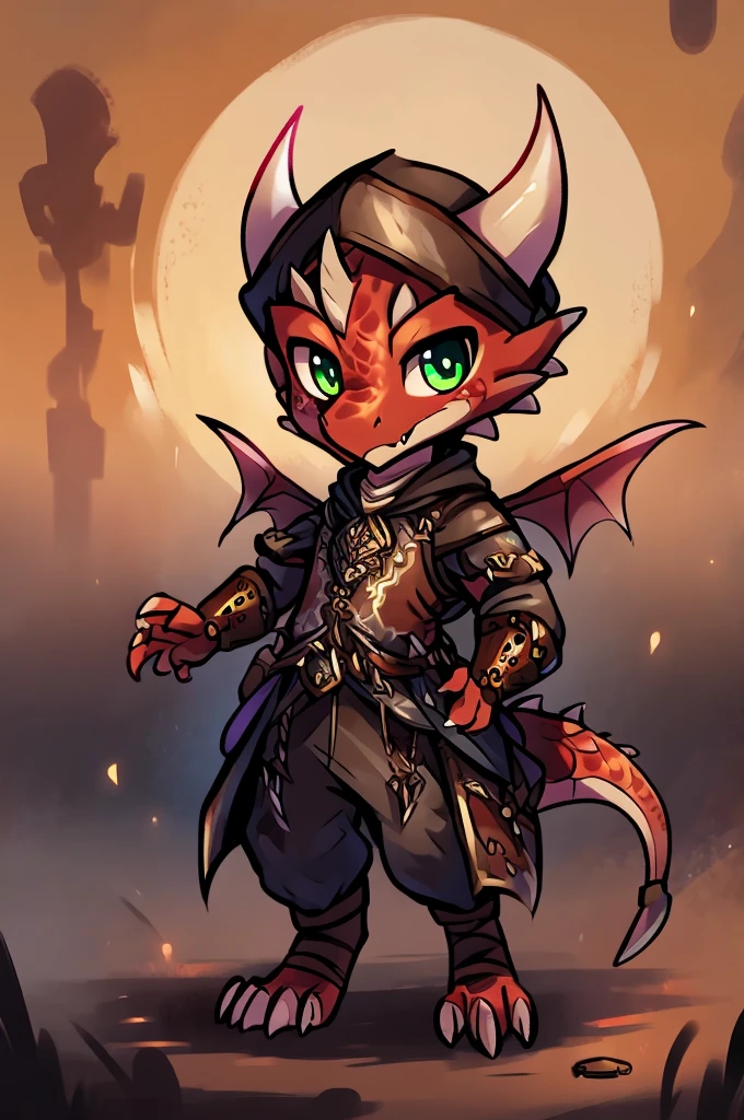 (((kobold,male, solo, winged kobold boy, dark red scales,fantasy clothes, artficer,steampunk, dragon wings, dragon tail, small, chibi))), artficer clothes, warm color clothes, fantay clothes,sea green eyes, artficer,small heigth, 54 centimertes heigth,horns, claws, tail, scales, fangs, masterpiece, cute, (((fullbody))), male
