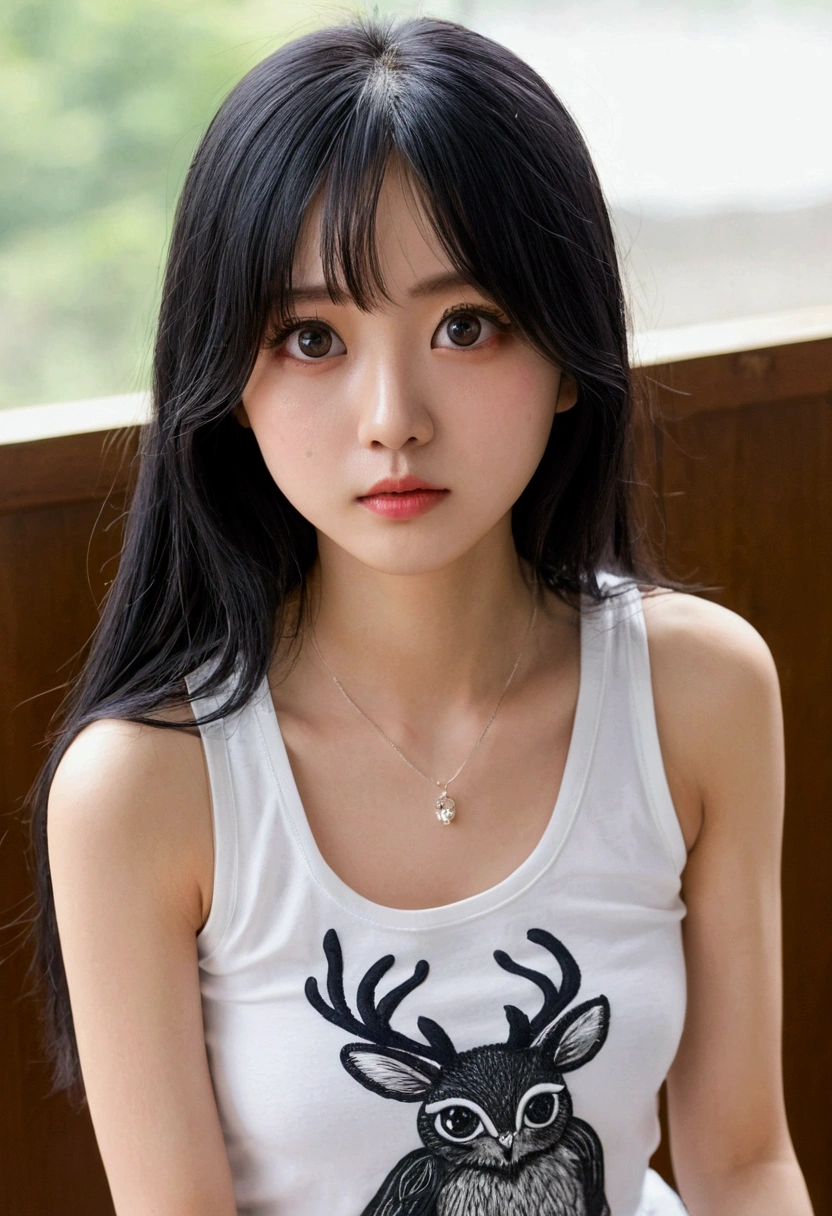 Long black hair Sweaty 色white Tank top(white)Tight Skirt(denim)round face Big eyes