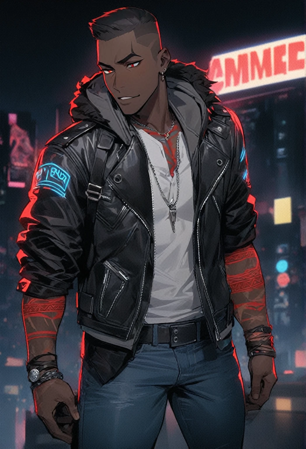 masterpiece, best quality, 1boy, t shirt, leather jacket, open jacket, muscular, scar across right eye , smug, dark skin, faded haircut , hi top hair, gangster clothing, white hair, black hair lights, red eyes, African American skin tone, tattoos on arms, neon lights,nighttime city. African American male with faded haircut, On his upper body, he wears three layers of clothes: a button-up white shirt with a protruding collar kept partially buttoned, a plain gray hoodie, and a black leather jacket with a red interior, two horizontal white lines on each sleeve, and a red tribal design on the back. On his lower body, he wears plain blue jeans and black shoes