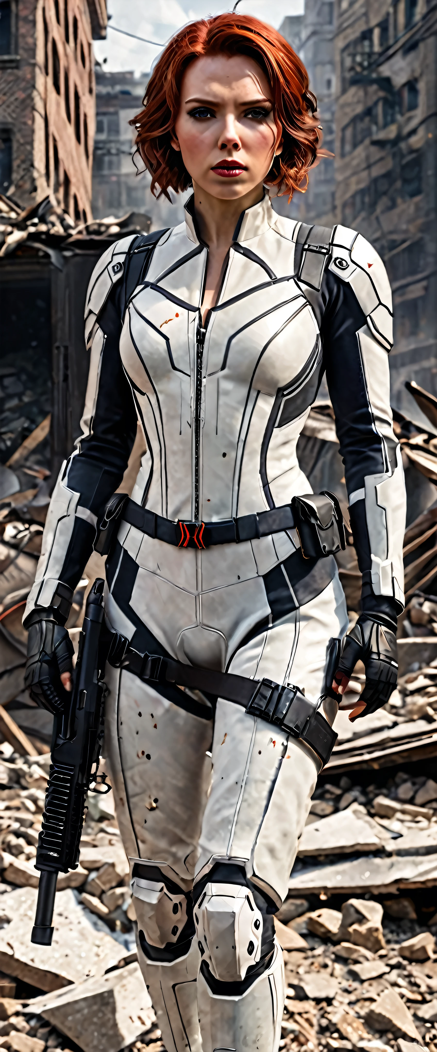 with high definition images，Black Widow(Highly Detailed CG Unity 8k Wallpaper)、(masterpiece)、(Highest quality)、(Super detailed)、(Best illustrations)、(Best Shadow)、(Sharp Eyeliner、eye shadow、Detailed eyes:1.1)、with high definition images，White Armored Suit　(ruins、destruction、rubble、snow:1.2)、Cowboy Shot、Standing upright and looking at the camera，hold a gun(Emotionless、Corruption、Dirt:1.1)、Full body high quality images。Facial details