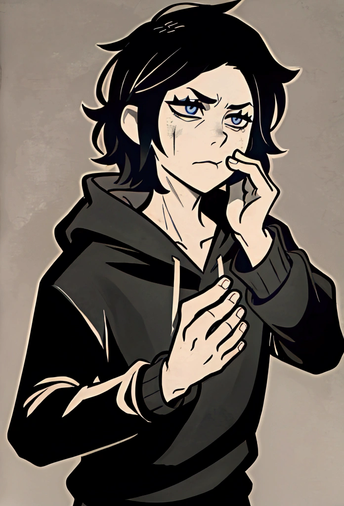 leyleyxl, white outline, bold outline, dark background, monochrome, brown paper, TCOAAL, black messy hair, blue eyes, grey hoodie, boy, blood on face, serious, relaxed, andrew graves, male, (masterpiece:1.2), (best quality:1.2), (very aesthetic:1.2), (absurdres:1.2), (detailed background),newest, intricate details
