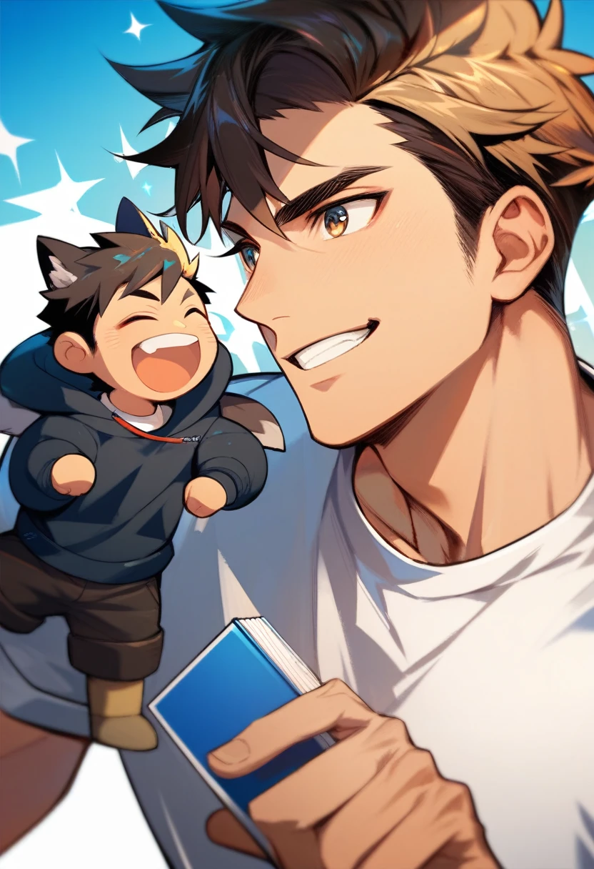 Two boys, A cute short 15-year-old boy and a handsome tall 34-year-old boxer,figure,bishounen,The man is the boy's father,Boys have simple, small, round eyes.,simple line and Simple colors,short hair,Lean Muscle,Wearing sumo loincloth, sumo belt and boxing gloves,Sumo fight,short hair, Simple colors, sumo ring,Sumo Arena, Japanese anime style, Blue, purple, light green and white,The man suffered severe physical injuries,Boxing clinch,A man hugs a boy,Height difference,The man is hurting,Boys are a concern for men,eye contact,masterpiece, Highest quality, so beautiful, Absurd