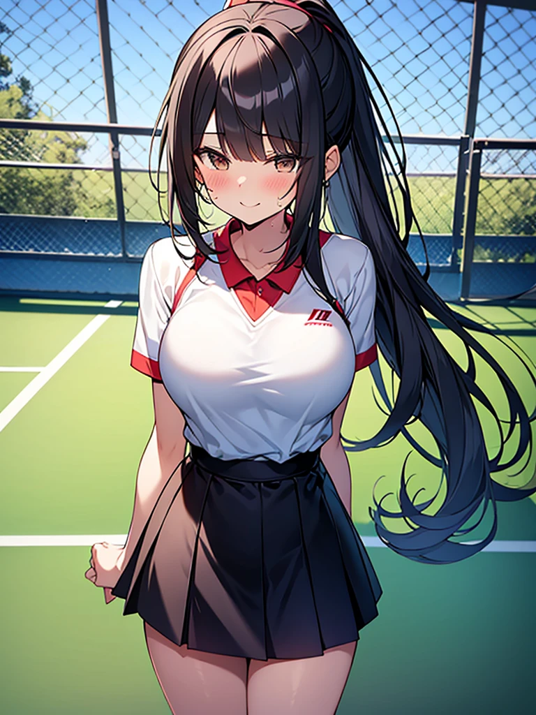 Anime drawing with vivid colors Tall woman:1.9 Cute pose Cute smile Big breasts Sweat White tennis wear Mini skirt Blushed cheeks Daytime:1.3 Tennis court White sheets Short black hair Ponytail:1.9 Straight hair, bangs swept to the side:1.9. Slanted eyes, brown eyes, tall, strong-willed, beautiful