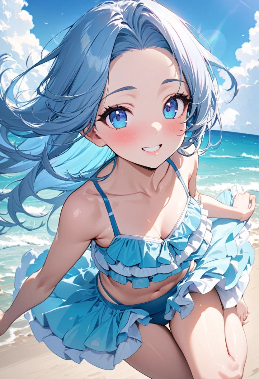 (full body, pov lovely swimsuit style) (beautiful body), (solo:2,  yo, forehead blue hair long hair lovely girl, cute blue eyes, glossy lip, love smile), (in a cute Layered frills blue bikini swimsuit), break, in the sunshine beach, background beautiful ocean, Double Exposure beautiful glow, BREAK, perfect anatomy, masterpiece, best quality, 16k, beautiful detailed love, sexy, daydreaming expression.