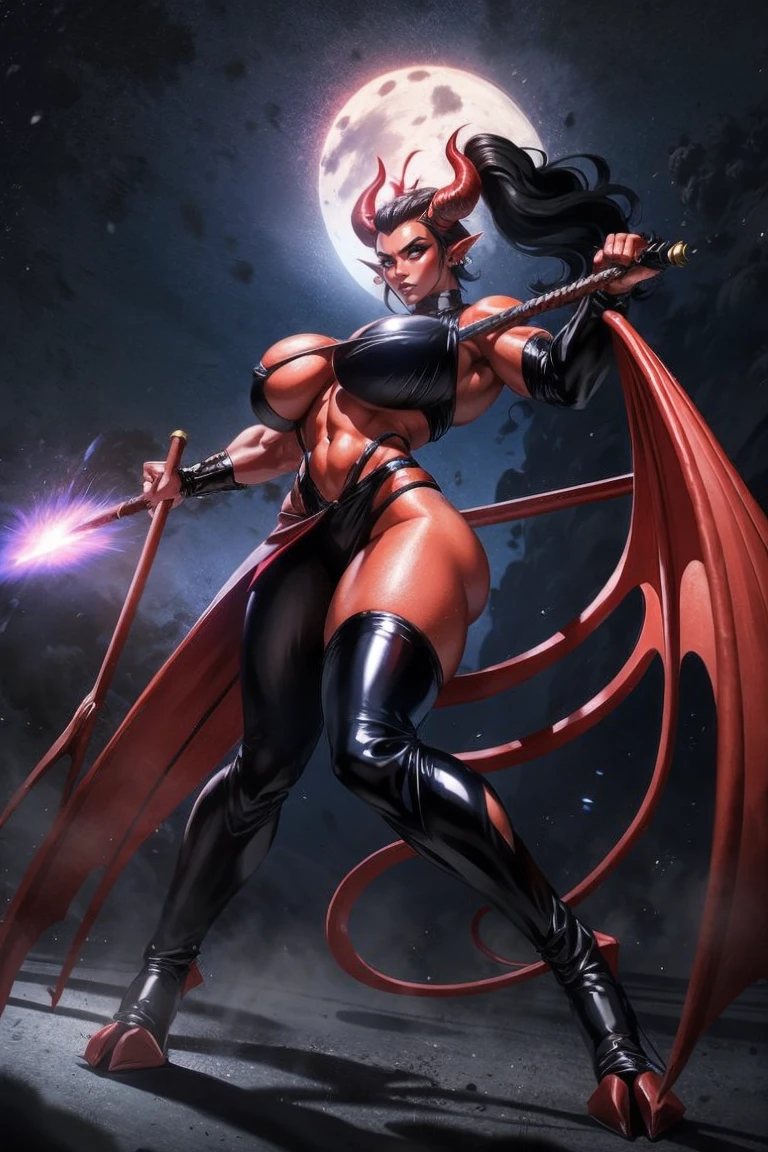 Red skin succubus tiefling, digitigrade legs, full breasts, medium breasts, black horns, wings, huge tail, black leather, crop top, underboob, long flowing pelvic curtain, tall, toned, graceful, thin, long black ponytail. Action scene, whip. Dark scene, explosions, night sky.