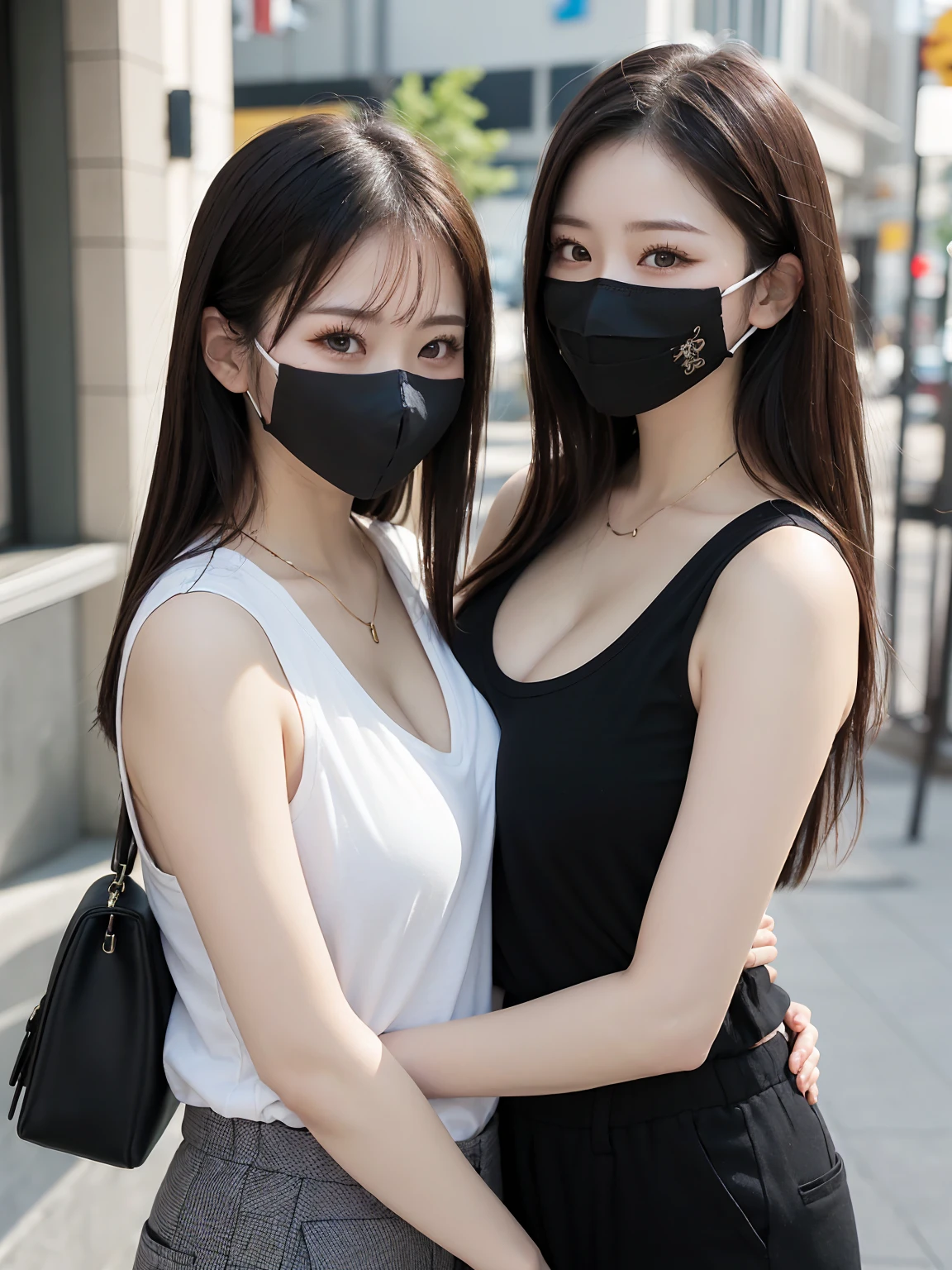 Tabletop, Highest quality, Realistic, In detail, High resolution, 8k wallpaper, Perfect dynamic composition, Beautiful attention to detail, Medium Hair, Shiny Hair, Big ample breasts, cleavage、Random pose、(cute sleeveless t-shirt, cute chino pants)、(Breast bulge:1.3)、Laughter、Cityscape、sunny, Walking、23 years old、(Droopy eyes)、Adult Beauty、Japanese、((Black Mask, black mouth mask))、
