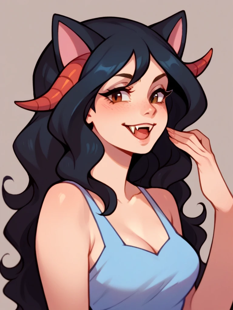 Half body, A beautiful woman, long wavy black hair, brown eyes, casual clothing, cat ears and tail, fangs, horns, sexi, dressed as Trainer Pokemon.