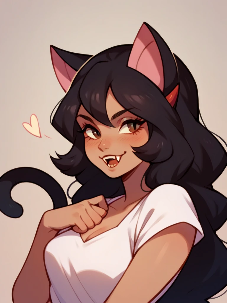 Half body, A beautiful woman, long wavy black hair, brown eyes, casual clothing, cat ears and tail, fangs, horns, sexi, dressed as Trainer Pokemon. 