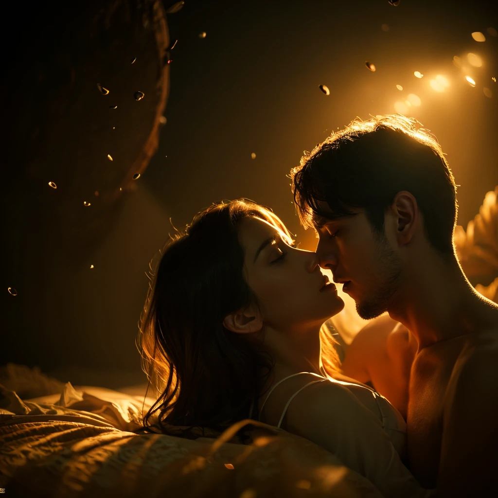 A hyper-realistic, magical artwork depicting a romantic scene of a couple emerging from a cup of coffee. The couple, made of swirling coffee and cream, embraces tenderly, their forms elegantly interwoven with steam and liquid patterns. The scene is illuminated by a soft, warm light, highlighting the textures and colors of the coffee and cream. Coffee beans are scattered around the base of the cup, adding to the rich, aromatic atmosphere. The background is dark and moody, enhancing the ethereal glow around the couple, creating an intimate, fairy-tale ambiance.