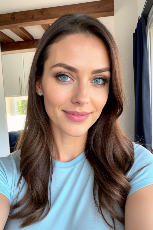 beautiful girl of 32 years old with blue eyes, looking directly at the camera, with a natural makeup, very realistic, instagram selfie, at home, tight tshirt, film grain, clothes very tight, innocent, smiling, fake tits, fake lips, filler lips, skinny, very fit, muscular, lanky, (cowboy shot)