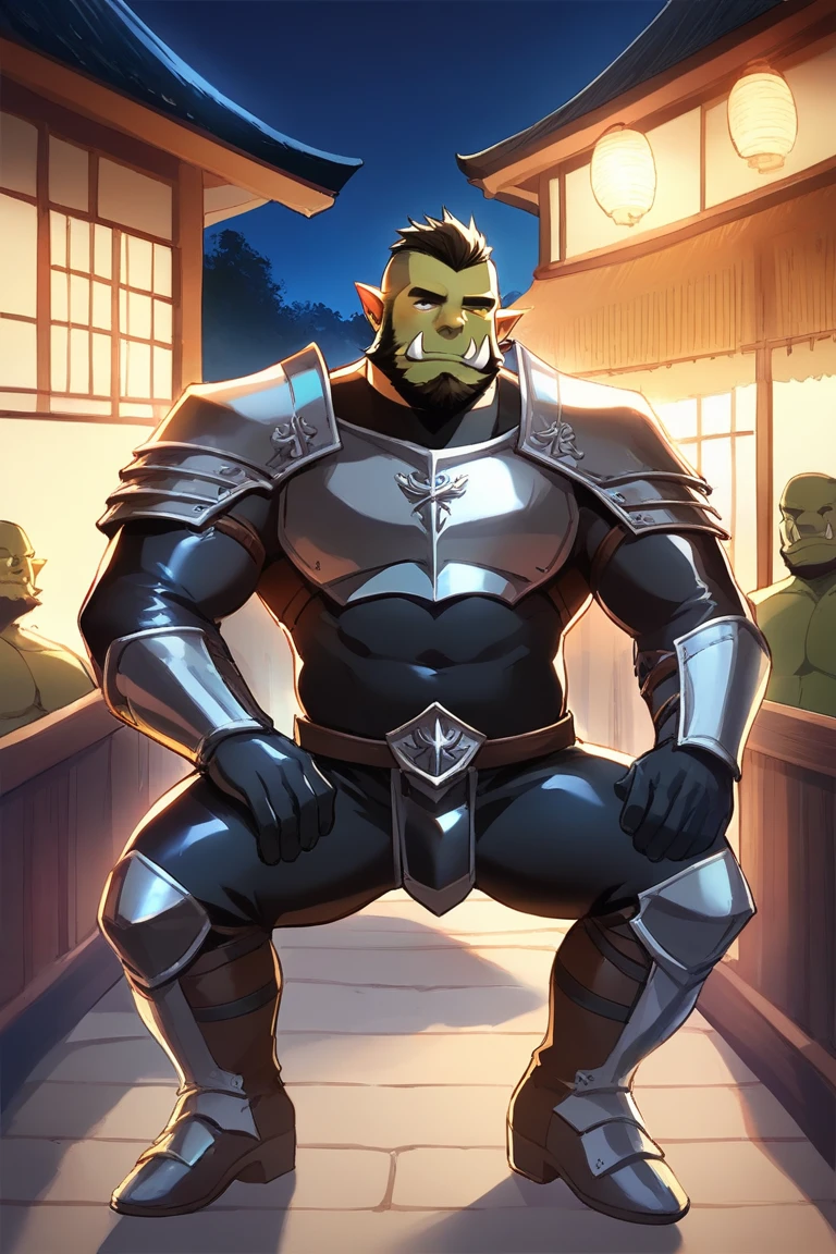 core_9, score_8_up, score_7_up, solo, male focus, male, orc, green skin, tusks, beard, outdoors, micro armor , shoulder armor, breastplate, upper body, , night, japanese festival , 祭り , (( nude )) , ((( black latex suit ))) , full body , black boots , laying spread legs , ashamed face
