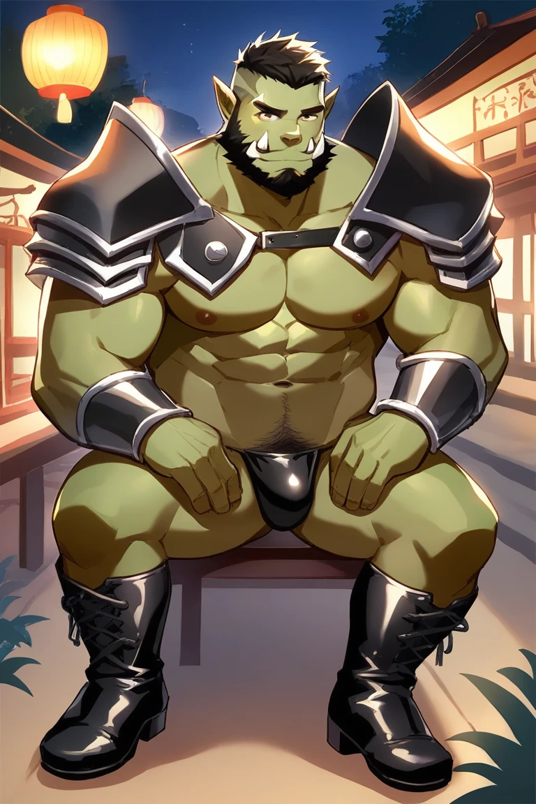 core_9, score_8_up, score_7_up, solo, male focus, male, orc, green skin, tusks, beard, outdoors, micro armor , shoulder armor, breastplate, upper body, , night, japanese festival , 祭り , (( nude )) , ((( black latex suit ))) , full body , black boots , laying spread legs , ashamed face