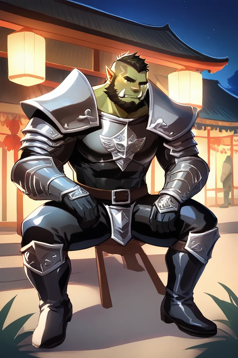core_9, score_8_up, score_7_up, solo, male focus, male, orc, green skin, tusks, beard, outdoors, micro armor , shoulder armor, breastplate, upper body, , night, japanese festival , 祭り , (( nude )) , ((( black latex suit ))) , full body , black boots , laying spread legs , ashamed face