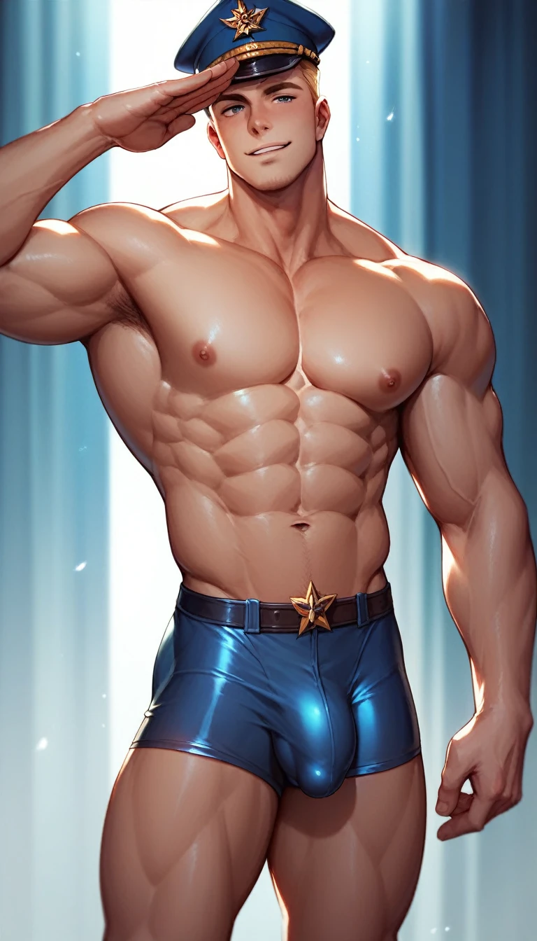 best quality, masterpiece, extremely detailed, very muscular man, wearing tight fitting navy uniform, salute, bulge, sexy, gay homoerotic, ambient lighting, extremely dramatic shadows, romantic atmosphere, perfection, no watermark, no logo, no signature