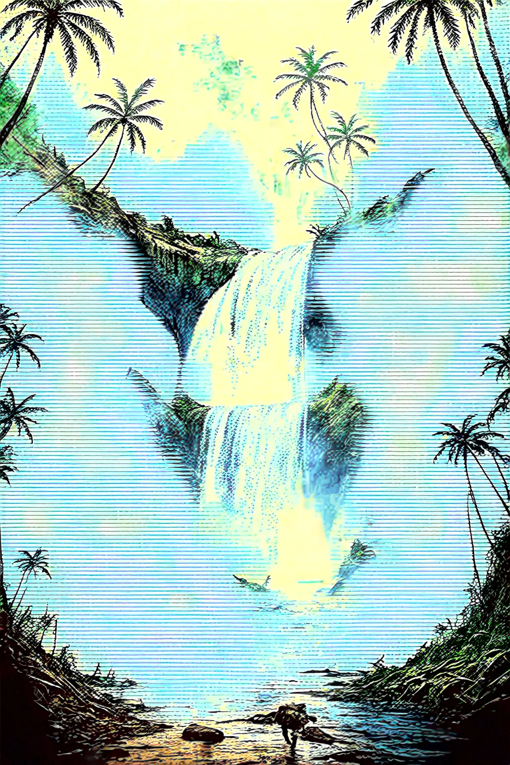 mysterious island, cinematic, image within image, multiple exposure, showcase island, over the shoulder, traversing path, tropical, rewilding, entropy, gritty, noir, 1990s, hand drawn, realism, traveling through jungle, waterfall, sense of adventure and danger, rough expressive sketch style, 