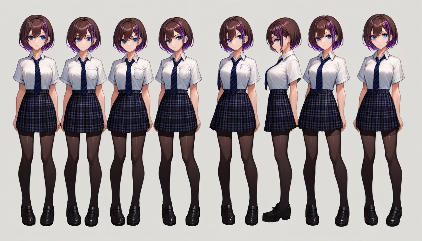 Solo, score_9,score_8_up,score_7_up, source_girl, school girl, teenage female, brown hair, wearing black bike shorts, black spandex shorts, 1.3, necktie, wearing school clothes, school outfit, standing, solo, full body, blue eyes, , plaid skirt, black spandex shorts, (short hair), character design, paper doll sheet, (purple highlights), brown hair,