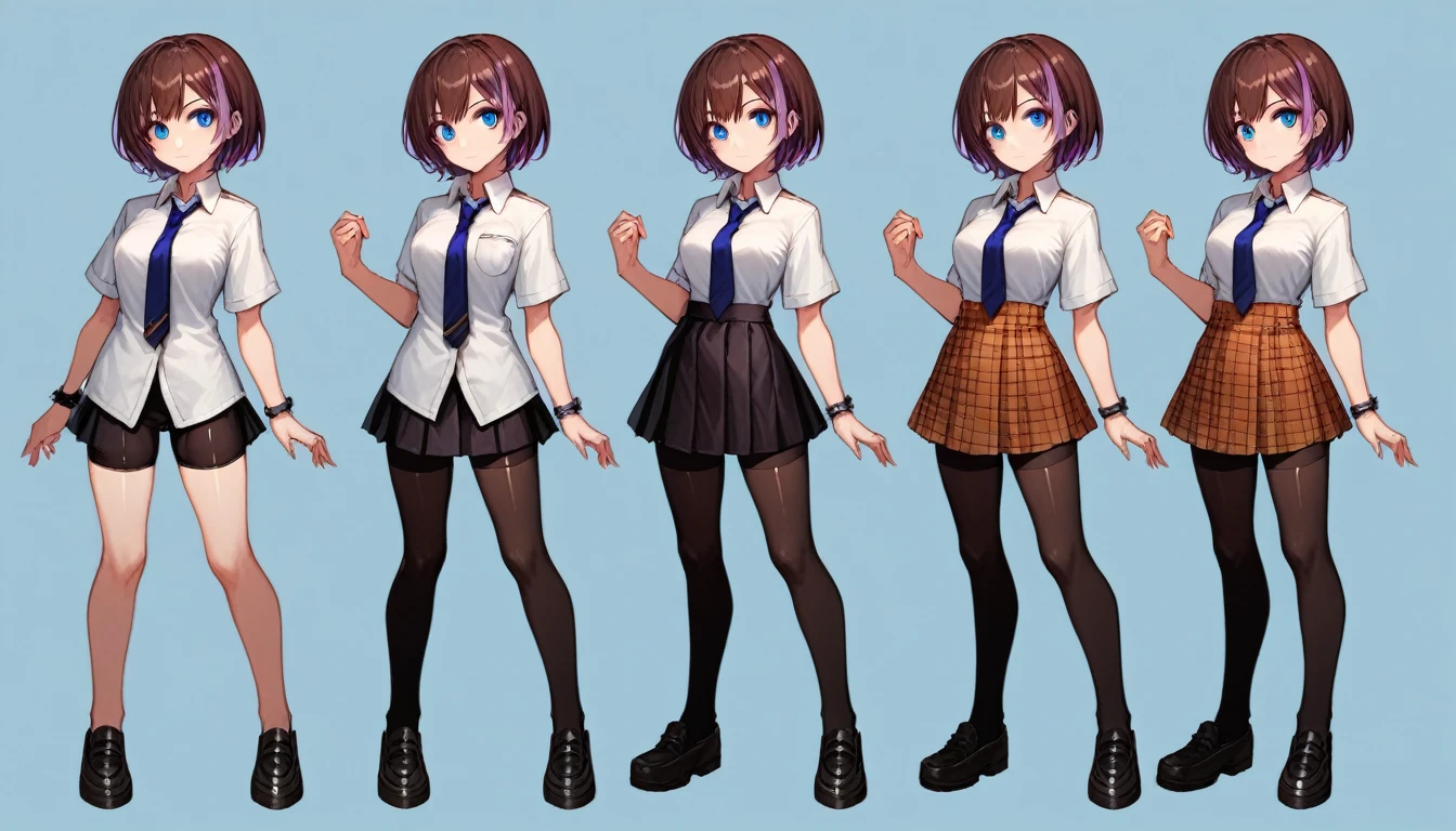 Solo, score_9,score_8_up,score_7_up, source_girl, school girl, teenage female, brown hair, wearing black bike shorts, black spandex shorts, 1.3, necktie, wearing school clothes, school outfit, standing, solo, full body, blue eyes, , plaid skirt, black spandex shorts, (short hair), character design, paper doll sheet, (purple highlights), brown hair,