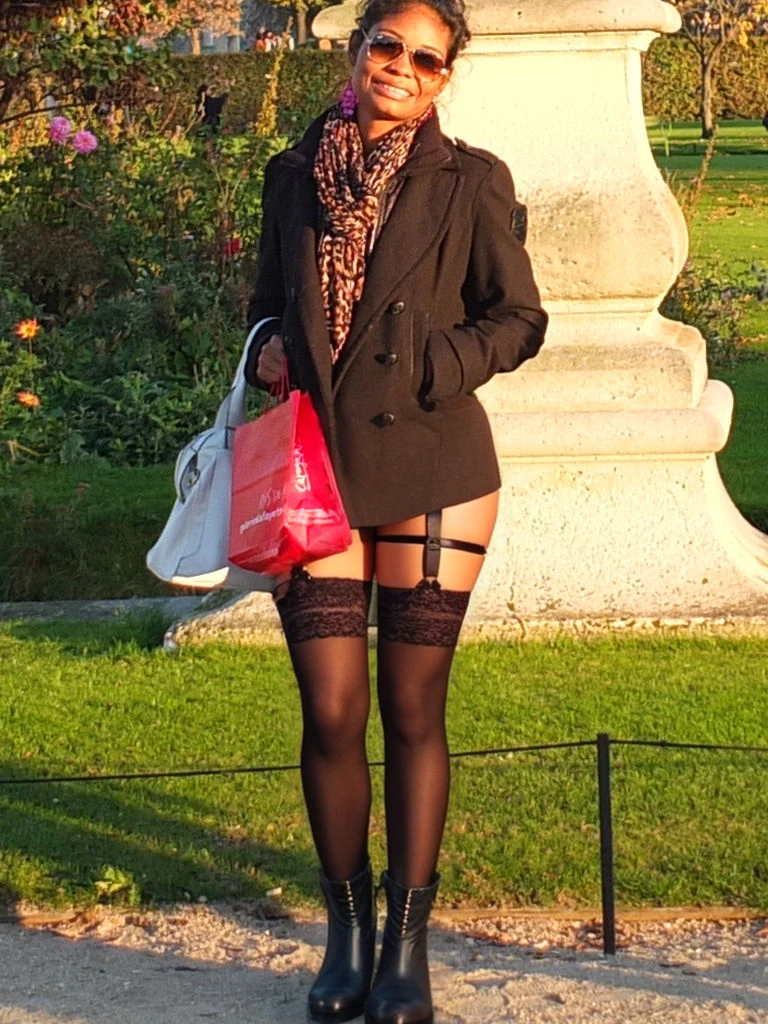 nude, african, (colored stockings), lace garter, (golden leather varnish boots), photo