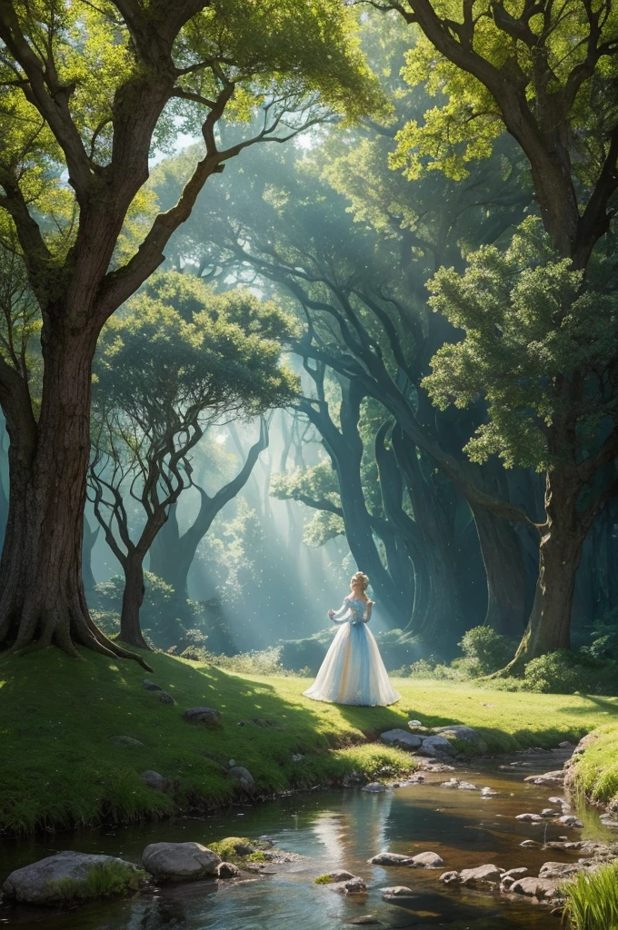 Create an image that depicts a magical scene from the hidden story of Cinderella. The image must show Cinderella, dressed in an elegant tunic, standing next to a majestic ancient oak tree in the forest. Around her, ethereal and luminous nature spirits are floating, illuminating the scene with a soft, magical light. No fundo, one must see the prince on his journey, facing challenges, with an ancient dragon handing you a shining crystal. The scene must convey the beauty of nature, courage and mystery.