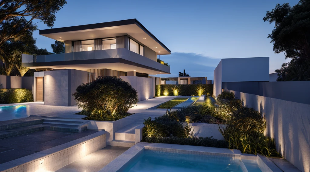 a modern house, grass fence, lawn, dark gray wall covering material, strong modern style, clear blue sky, sharp realistic lighting, night time, youthful feeling, 1 swimming pool , 1 large rockery, steps with LED lights