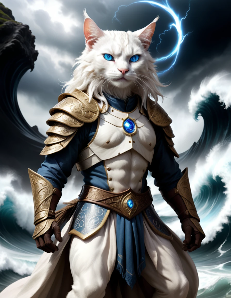 A white cat with striking blue eyes is depicted as the god of wind. Dressed in luxurious armor, he powerfully wields a large cloth, summoning a raging storm. The background showcases tumultuous waves, capturing the intensity and strength of the tempest. The scene blends whimsical, fairy-tale elements with epic, mythological grandeur, featuring intricate details and a majestic atmosphere.
