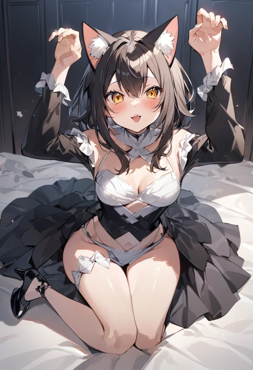 ((masterpiece,highest quality)), Movie angle,(Kitasan black_umamusume),Animal ears, short hair, Striped Hair, hair ornaments, Horse tail,(Black lingerie underwear、Cleavage、Sleeping in bed、Spread your legs、Seductive pose、Reaching for the camera),nice,Long faux fur,hairpin,  alone, Shy smile, blush,Are standing,Looking at the audience,