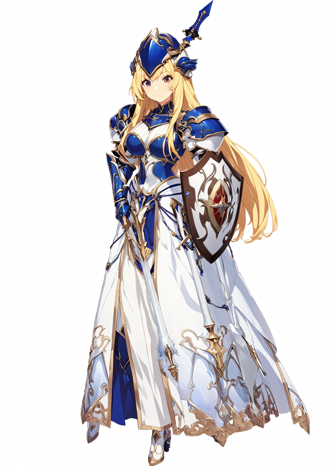 high quality, high resolution, high qualityのゲームアートスタイル, whole body,Valkyrie,perfect hand,Official Art, Smooth game CG art, Visual Novel Sprites, White background,Smooth game CG art, (((Woman with a long spear))),Woman wearing a white dress and blue armor, An intricately designed helmet with white feathers,Small shield, (((In his right hand he holds an elaborate long spear))),Exquisite Blue Armor,Golden Hair, long hair, female knight, Rin々Shii,Large Bust,20-year-old,