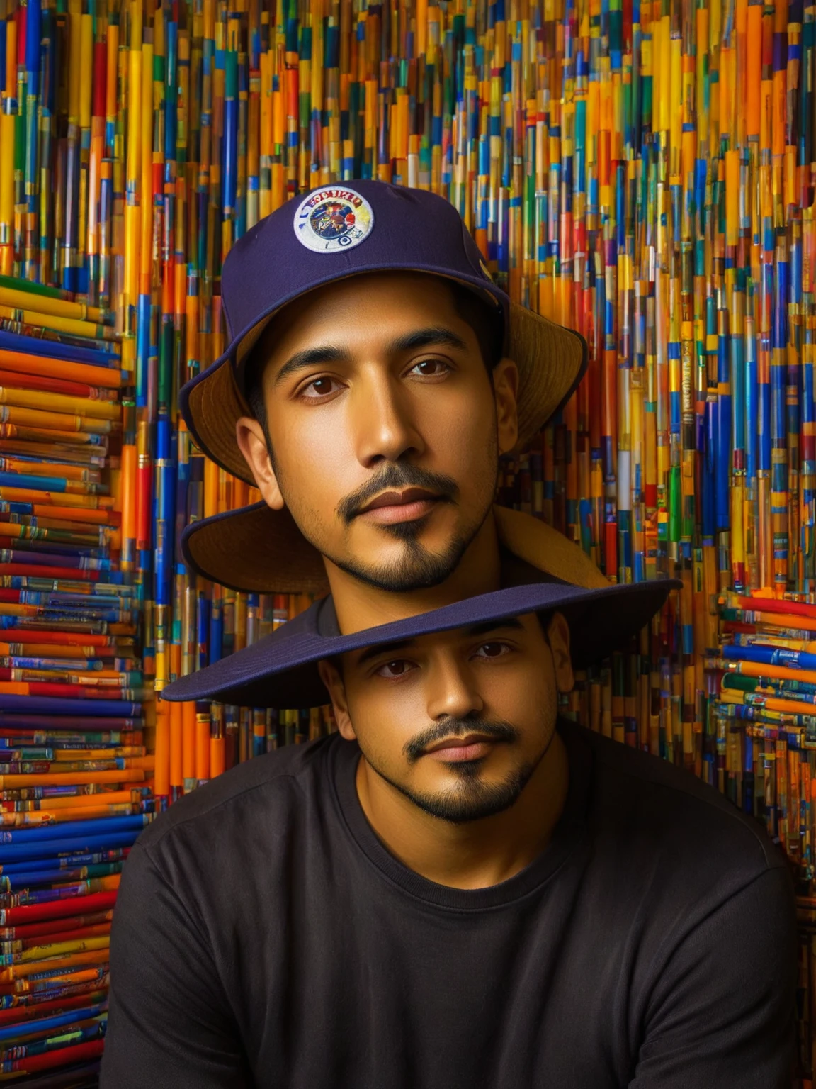 Arafed man with hat in front of a wall of colored pens, Andres Rios, Tony Sandoval, closeup of art : eloymorales, David Rios Ferreira, David Villegas, Tony Sandoval. realistic 8k, profile picture, portrait of danny gonzalez, portrait by jerma985, profile photo 1024px, with a rap cap on his head