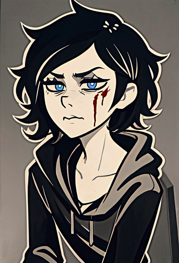 white outline, bold outline, dark background, monochrome, brown paper, TCOAAL, black messy hair, blue eyes, grey hoodie, boy, blood on face, serious, relaxed, andrew graves, male, (masterpiece:1.2), (best quality:1.2), (very aesthetic:1.2), (absurdres:1.2), (detailed background),newest, intricate details