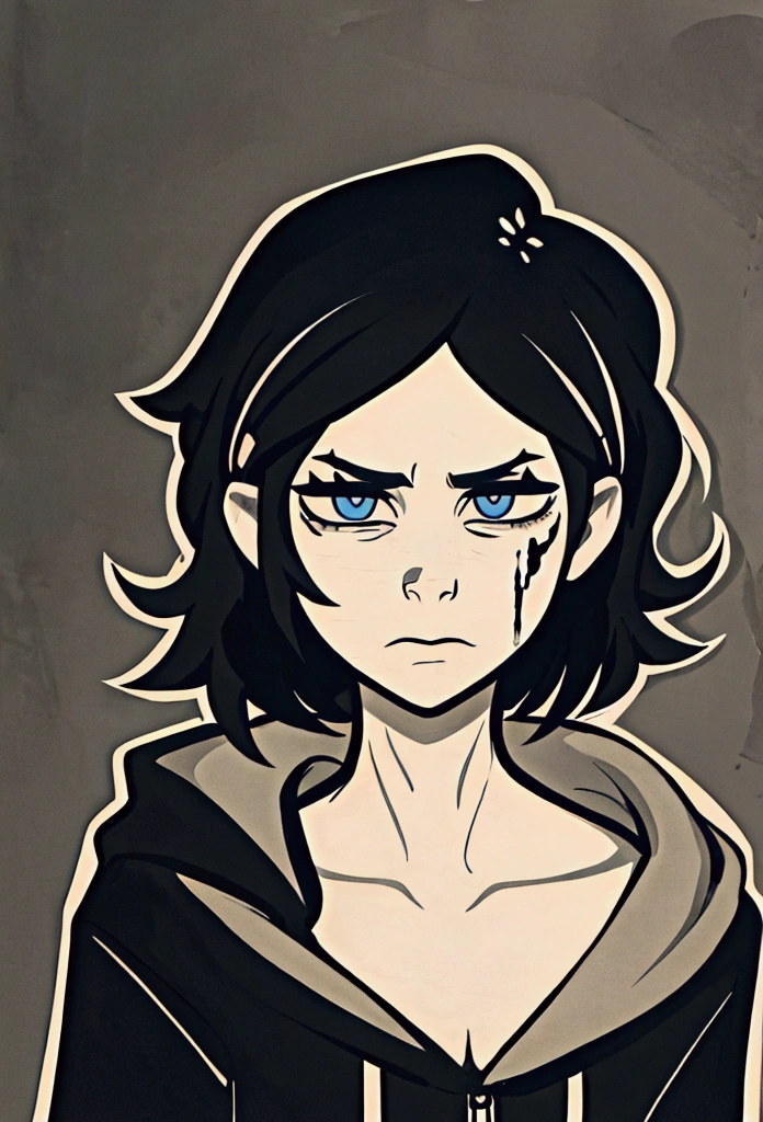 white outline, bold outline, dark background, monochrome, brown paper, TCOAAL, black messy hair, blue eyes, grey hoodie, boy, blood on face, serious, relaxed, andrew graves, male, (masterpiece:1.2), (best quality:1.2), (very aesthetic:1.2), (absurdres:1.2), (detailed background),newest, intricate details