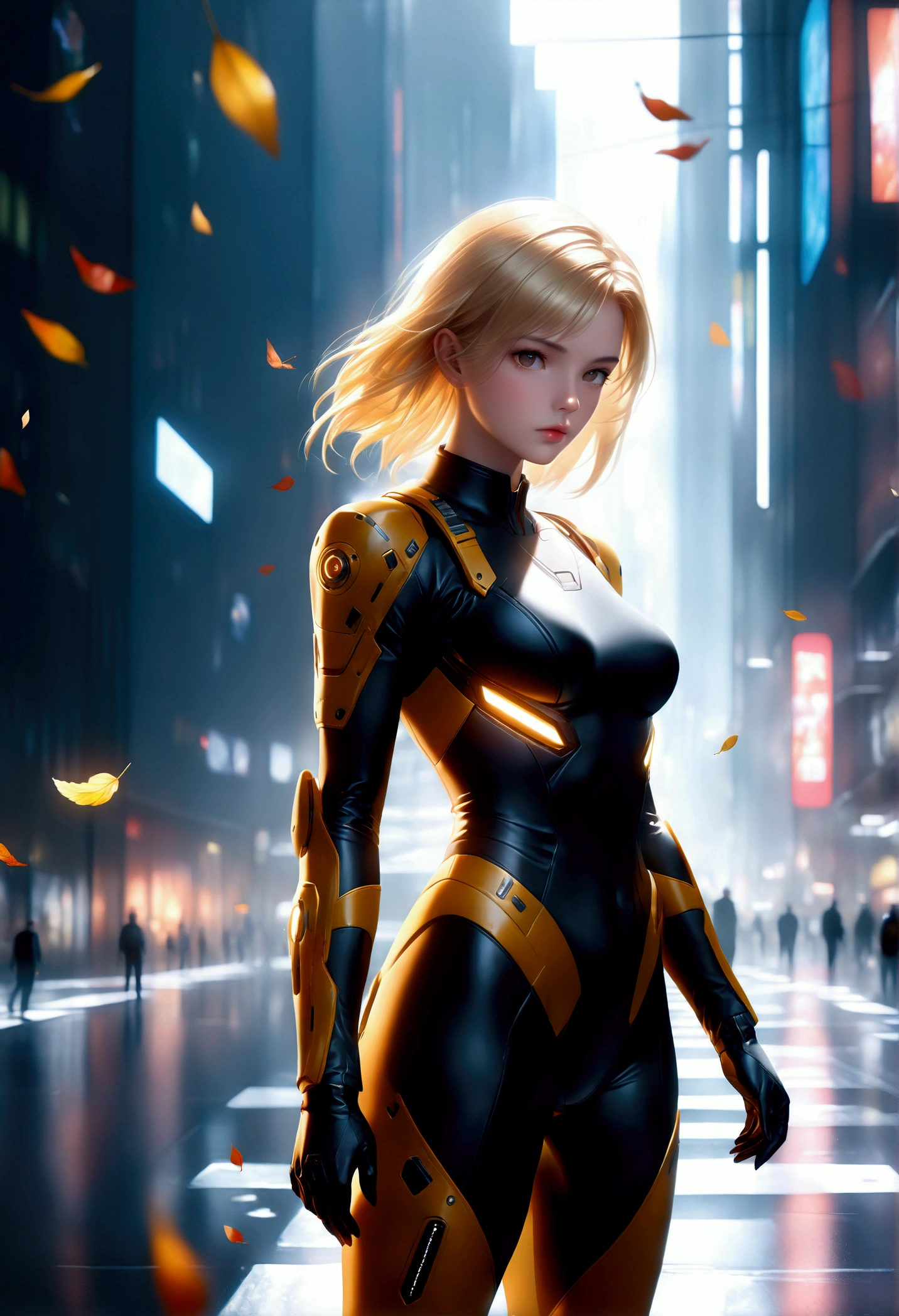 ((Masterpiece in maximum 16K resolution):1.6),((soft_color_photograpy:)1.5), ((Ultra-Detailed):1.4),((Movie-like still images and dynamic angles):1.3). | (cinematic photo of Blonde Supermodel beauty wearing a high tech tight combatsuit in a cyberpunk city), (Supermodel beauty), (Blonde), (wearing a high tech combat suit), (focus on the high tech combat suit), (cinematic lens), (cyberpunk pistol), (autumn light), (tyndall effect), (Science fiction atmosphere), (shimmer), (light reflections), (visual experience),(Realism), (Realistic),award-winning graphics, dark shot, film grain, extremely detailed, Digital Art, rtx, Unreal Engine, scene concept anti glare effect, All captured with sharp focus. | Rendered in ultra-high definition with UHD and retina quality, this masterpiece ensures anatomical correctness and textured skin with super detail. With a focus on high quality and accuracy, this award-winning portrayal captures every nuance in stunning 16k resolution, immersing viewers in its lifelike depiction. | ((perfect_composition, perfect_design, perfect_layout, perfect_detail, ultra_detailed)), ((enhance_all, fix_everything)), More Detail, Enhance.
