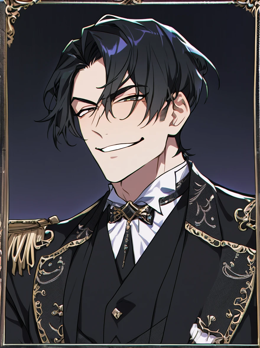 Short black hair, white streaks, male, one male, handsome, fancy aesthetic, wearing black suit, smug expression