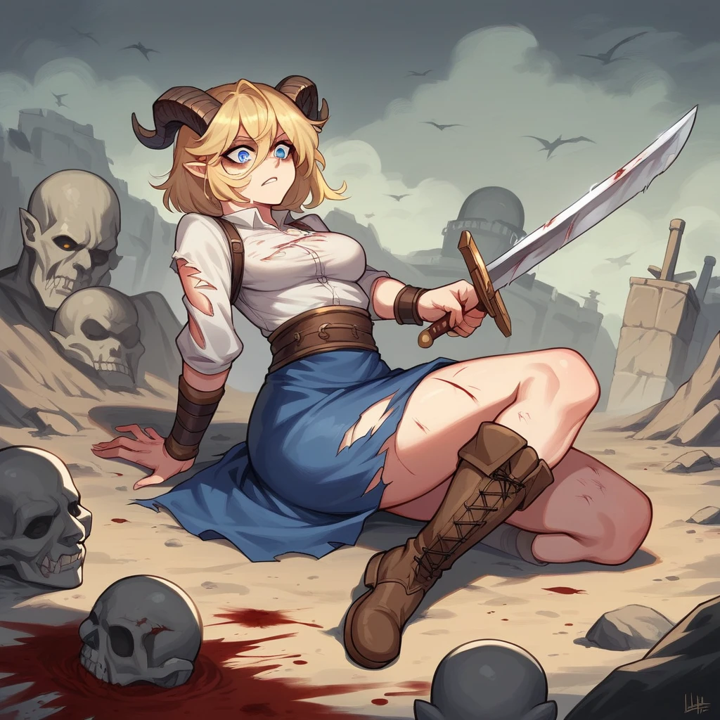 acrylic painting. On an ancient battlefield littered with torn banners, broken weapons, and skulls on the ground. A female tiefling with long blonde hair, horns, wearing a torn white shirt, flowing blue skirt, and bloody patent black over-the-knee boots, holding a menacing sword that glows with mystic runes. she cuts apart foe after foe in an epic battle against a horde of vicious mutated ghouls, many now lie defeated around her. It is windy and there is fire.