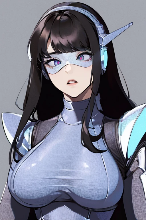 empty eyes,robotized woman ,big bust,Robot Joint ,Metal skin,Black bodysuit