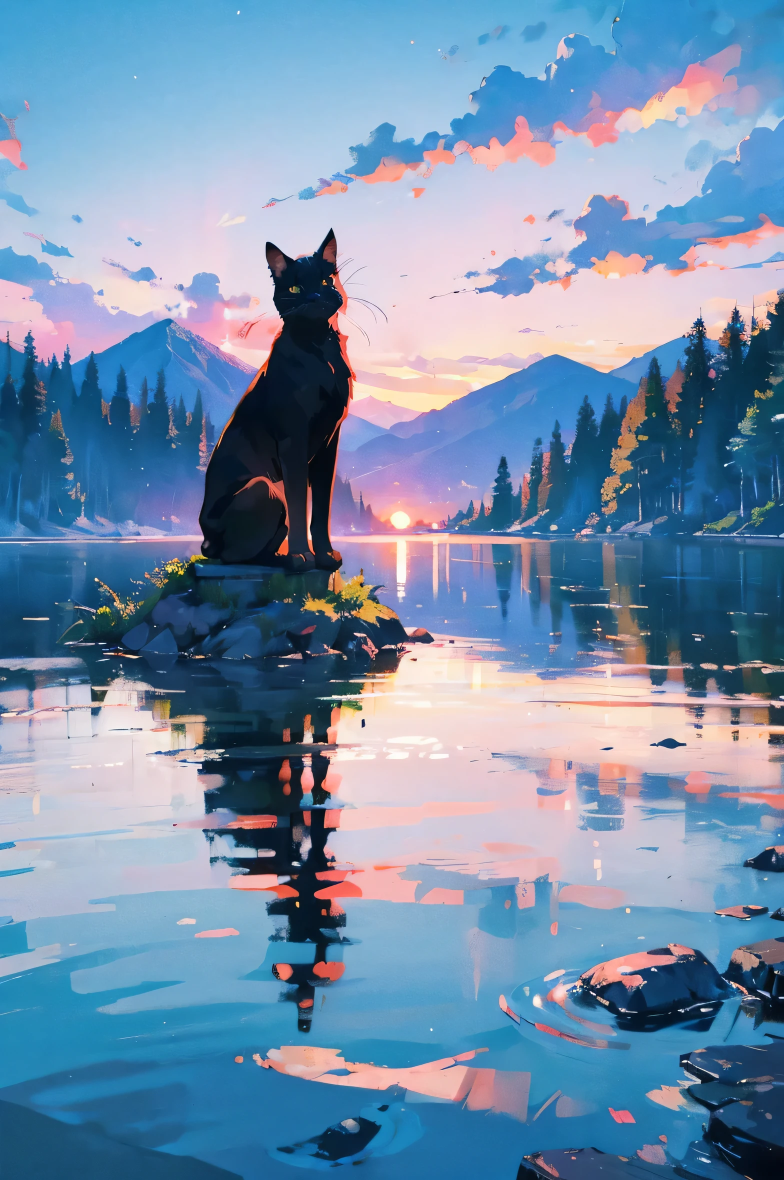 Mountain Lake Reflection Visualize a black cat sitting beside a tranquil mountain lake, surrounded by towering pine trees. The water reflects the colors of the sunset, creating a serene and picturesque scene.