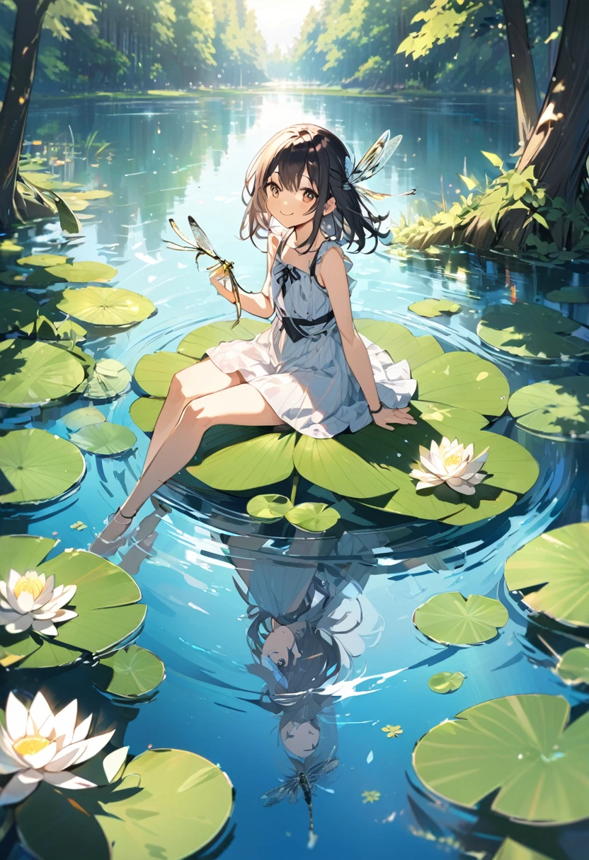 A young girl sitting on a large water lily, smile, Sunlight filtering through the trees, summer, lake, Dragonfly