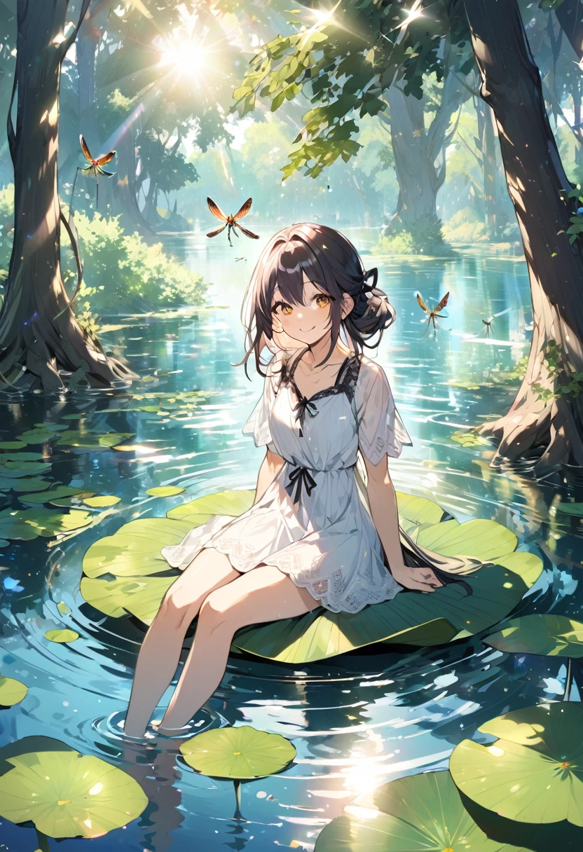 A young girl sitting on a large water lily, smile, Sunlight filtering through the trees, summer, lake, Dragonfly