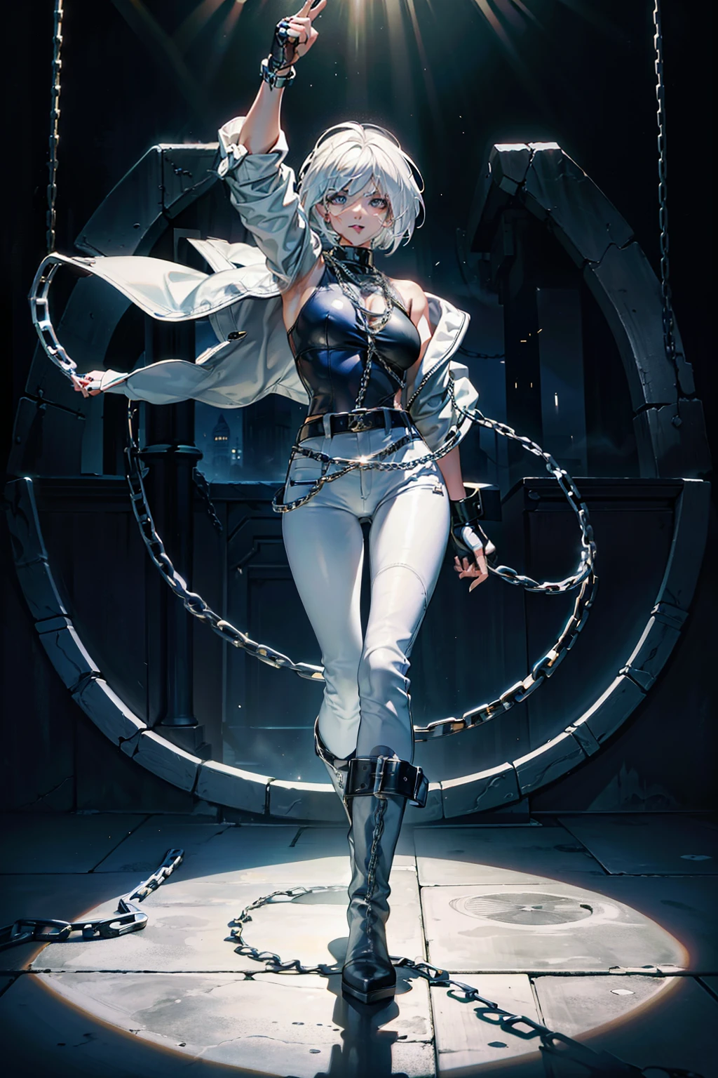 (masterpiece), best quality, silver eyes, perfect face, highres, 1girl, solo, angelms, white hair, white jacket, jeans, fingerless gloves, atacking pose, dancing around chains, evil smile, long boots, fanstasy background, cowboy shot, fullbody shot, looking at the viewer, from front, holding chains, long chain  whip