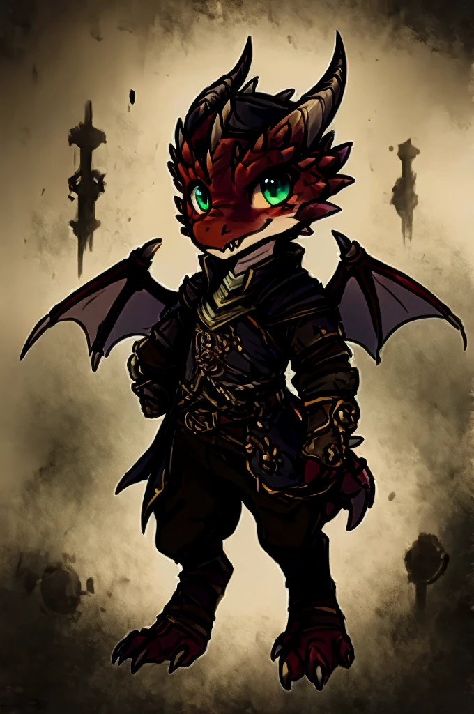 (((kobold,male, solo, winged kobold boy, dark red scales,fantasy clothes, artficer,steampunk, dragon wings, dragon tail, small, chibi))), artficer clothes, warm color clothes, fantay clothes,sea green eyes, artficer,small heigth, 54 centimertes heigth,horns, claws, tail, scales, fangs, masterpiece, cute, (((fullbody))), male
