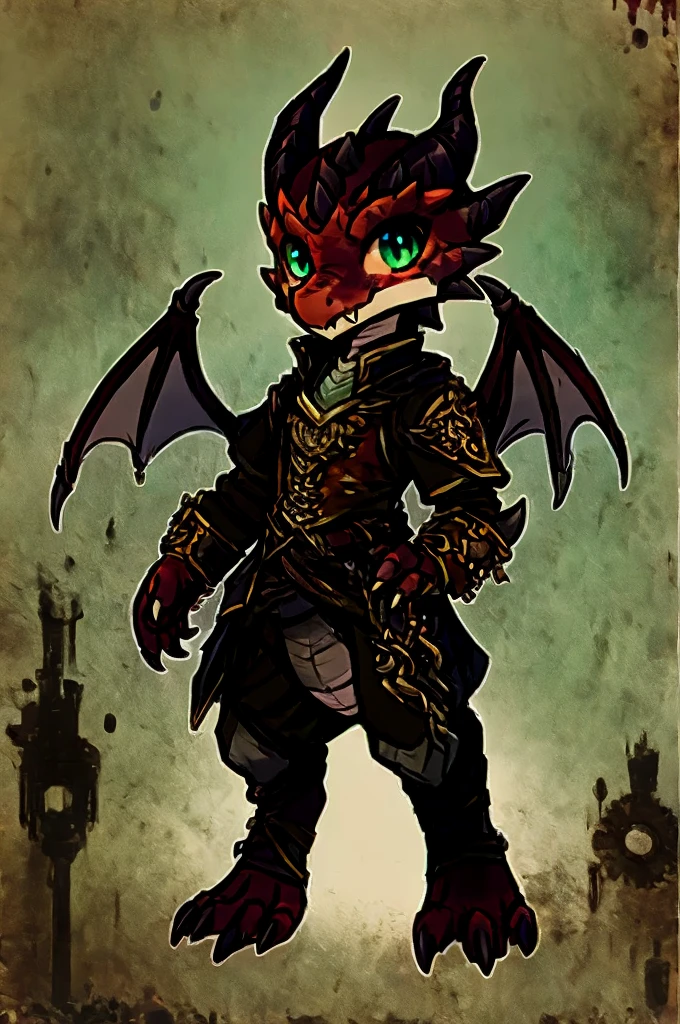 (((kobold,male, solo, winged kobold boy, dark red scales,fantasy clothes, artficer,steampunk, dragon wings, dragon tail, small, chibi))), artficer clothes, warm color clothes, fantay clothes,sea green eyes, artficer,small heigth, 54 centimertes heigth,horns, claws, tail, scales, fangs, masterpiece, cute, (((fullbody))), male
