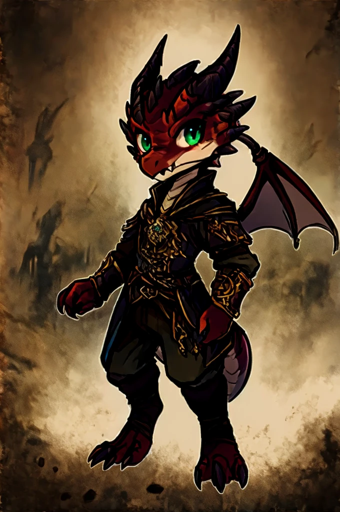 (((kobold,male, solo, winged kobold boy, dark red scales,fantasy clothes, artficer,steampunk, dragon wings, dragon tail, small, chibi))), artficer clothes, warm color clothes, fantay clothes,sea green eyes, artficer,small heigth, 54 centimertes heigth,horns, claws, tail, scales, fangs, masterpiece, cute, (((fullbody))), male
