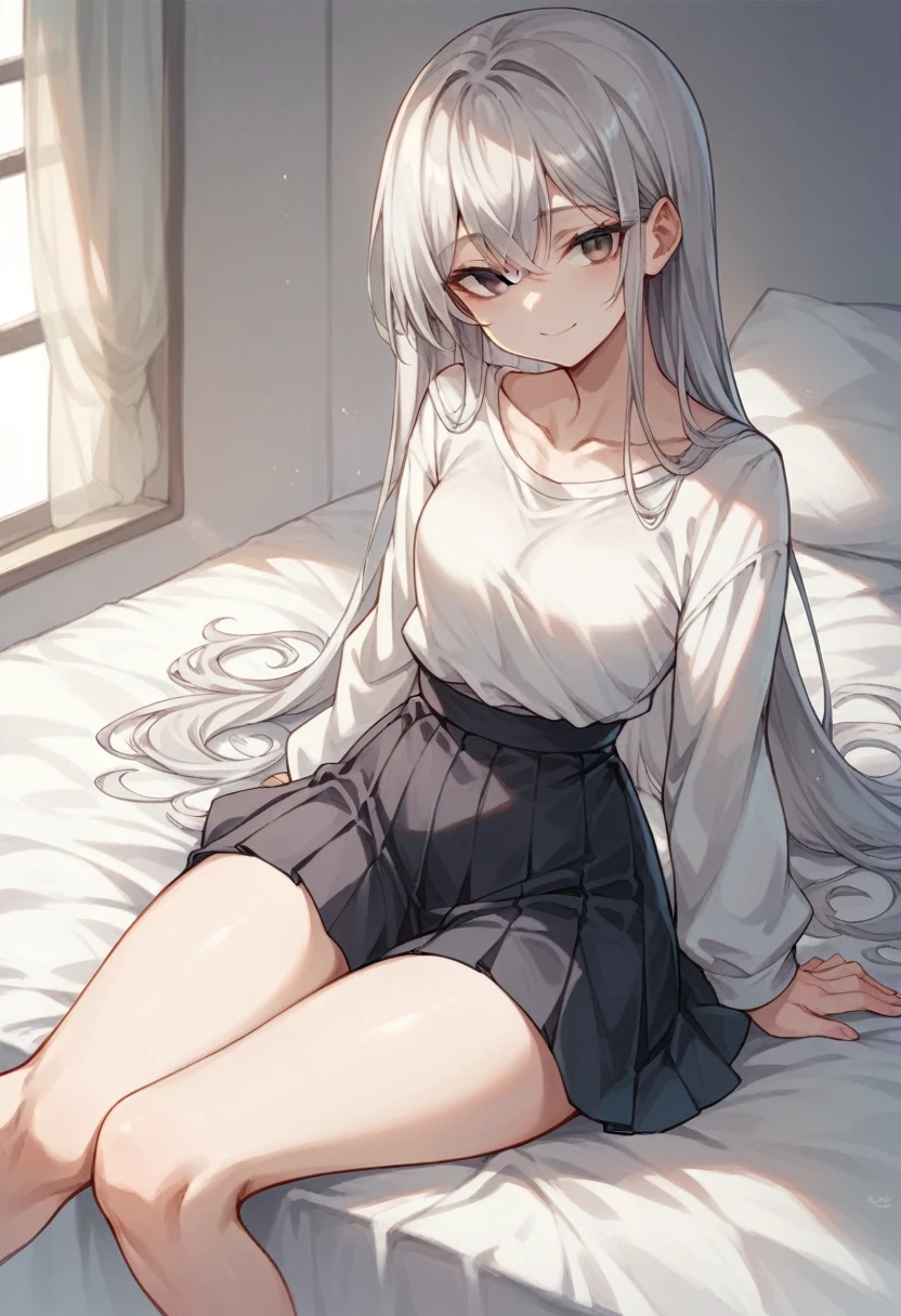 Girl sitting on bed(The girl has long silver hair Shoulder length She is wearing a white shirt and a black pleated skirt Gray Eyes White skin tall With bangs Beautiful face Thin legs Small waist, slightly large chest Smiling Silver Hair Anime Style )