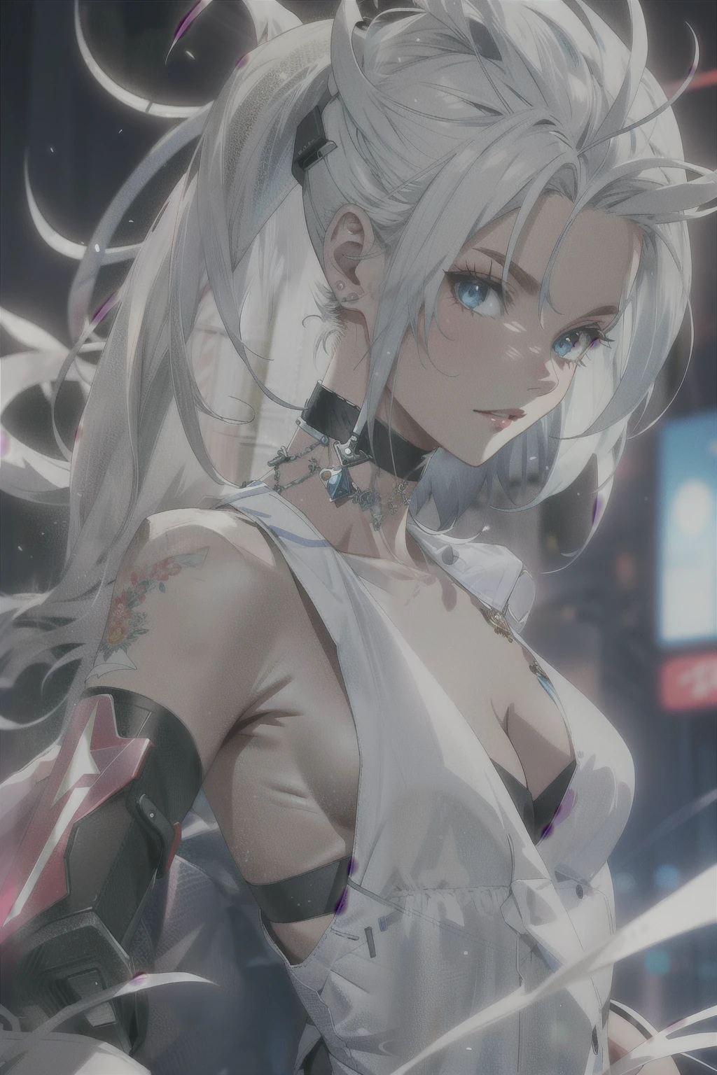 A beautiful white-haired woman, young, skinny, with messy and spiked hair, extremely detailed, delicate facial features, piercing eyes, full lips, long eyelashes, porcelain skin, serene expression, fingerless white gloves, cyberpunk features, eletronic details, futuristic details, flowing white hair, detailed cyberpunk kunoichi clothing, red and white textile patterns, fantasy style, cinematic lighting, vibrant colors, 8k, best quality, masterpiece, standing, cute, holding chains whip, fullbody shot, cowboy shot