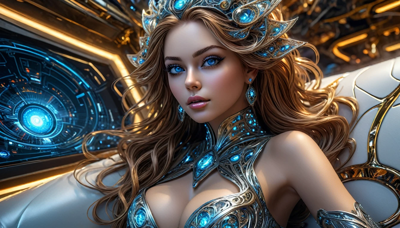 année 2100, La femme du futur alangui sur un sofa complexe, plan large, hyper technologie, AI futuriste, corps entier, souriante et radieuse, bustier étroit incrusté de fines dentelles techniques complexe fractal, bustier effet push-up, complexe, élégante et sensuelle, yeux sublime et intenses, yeux très détaillés, très détaillé, moderne, scifi, digital photography, (cheveux très long), verre brisé, (chef-d'oeuvre artistique, Éclairage latéral, HDR, Réaliste, HD), sublime grosse poitrine push-up,
